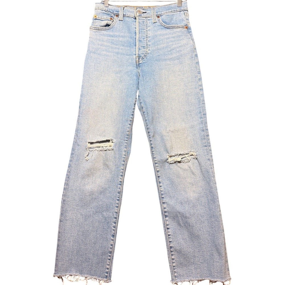 Levi's Ribcage Straight Ankle Women 25 Light Blue Distressed High Rise Jeans